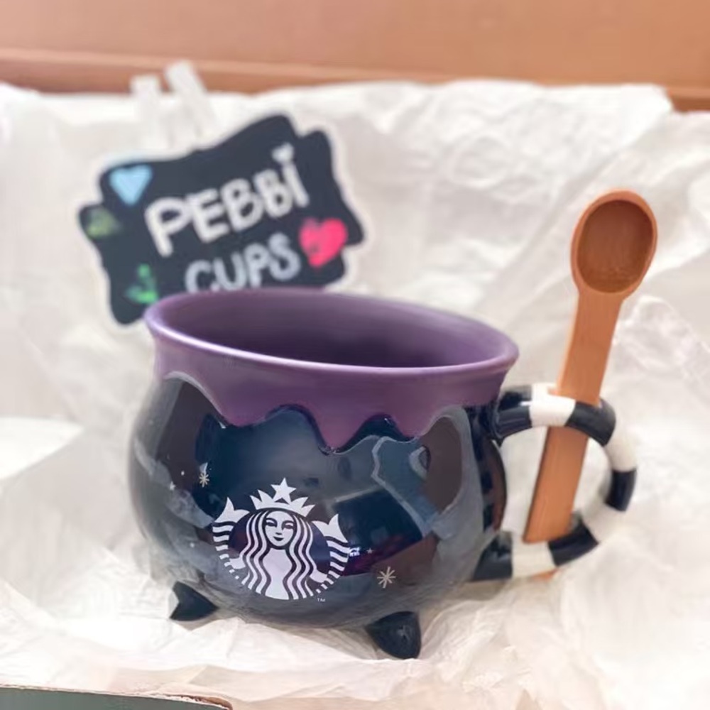 Starbucks Black and Purple Cauldron Mug with Wooden Spoon